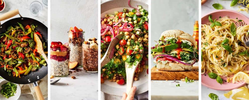 A row of five vibrant dishes including a stir fry, overnight oats, a chickpea dish, a sandwich, and pasta